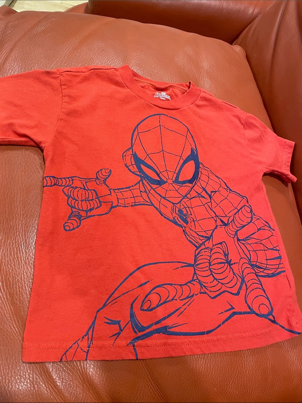 Spiderman Bold Red Tee with Navy Graphic and silver metallic on back of shirt